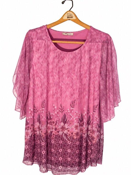 Sese Code Tops - Floral Print Pink Chiffon Flutter Sleeve Top Womens Size XL
